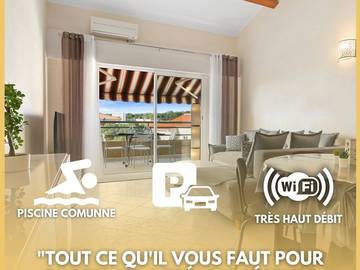 Cottage pour 4 personnes, avec piscine ainsi que jardin et balcon, adapté aux familles dans Plage de la Peguiere