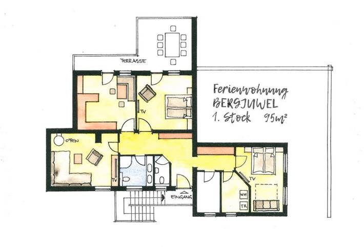 Ferienwohnung für 7 Personen, mit Terrasse und Garten sowie Ausblick