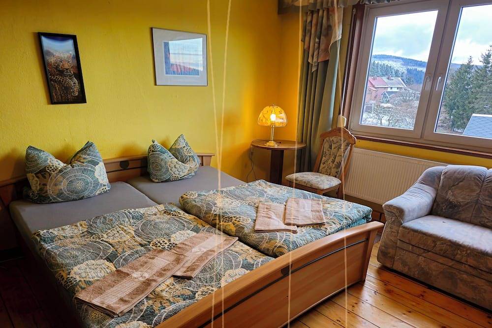 Thüringer landhuis vier seizoenen in de sneeuw hoofd met een panoramisch uitzicht in Gehlberg, Rennsteig (weg)