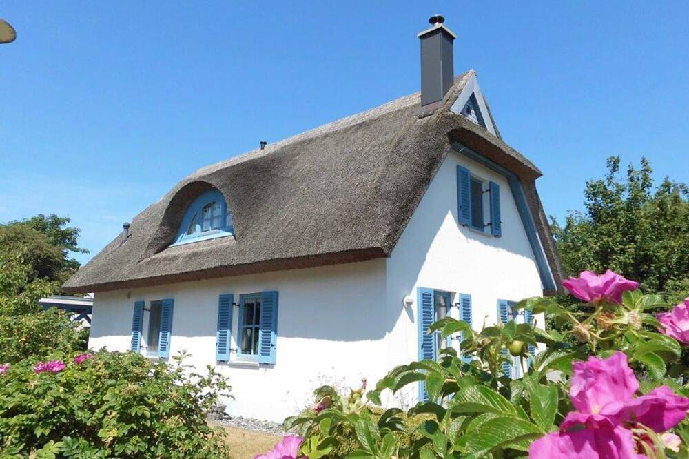 Thatched cottage crane in Ummanz, Ruegen