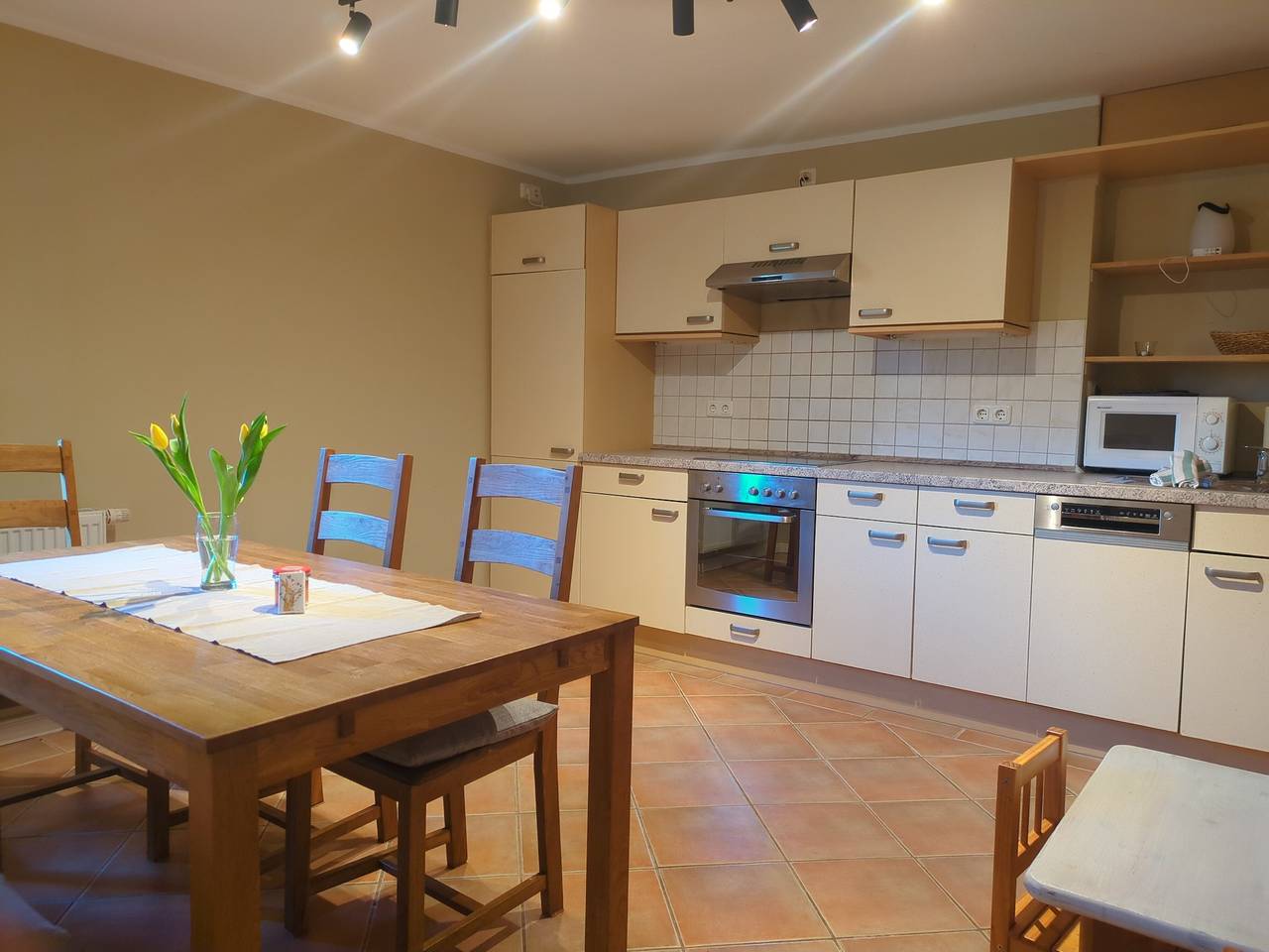 Ganze Ferienwohnung, Erdgeschoss, überdachte Terrasse, Familienbett, Holzfußboden in Grube, Ostholstein