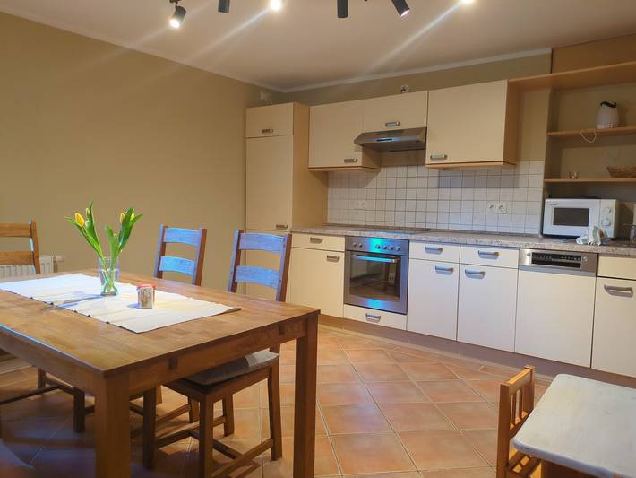 Ganze Ferienwohnung, Erdgeschoss, überdachte Terrasse, Familienbett, Holzfußboden in Grube, Ostholstein