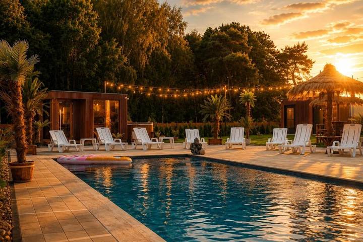 Ferienhaus für 8 Personen, mit Terrasse und Whirlpool sowie Garten und Pool