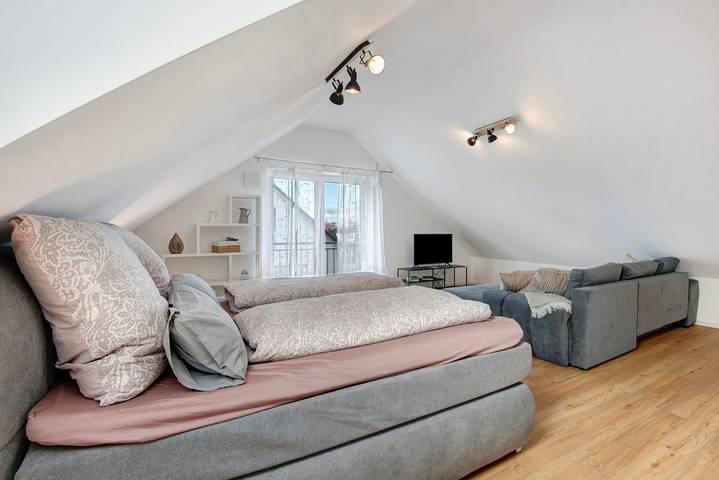 Entire apartment, Attic Studio on the Danube Cycle Path with Mountain View, Balcony, and Wi-Fi in Tegernheim, Eastern Bavaria