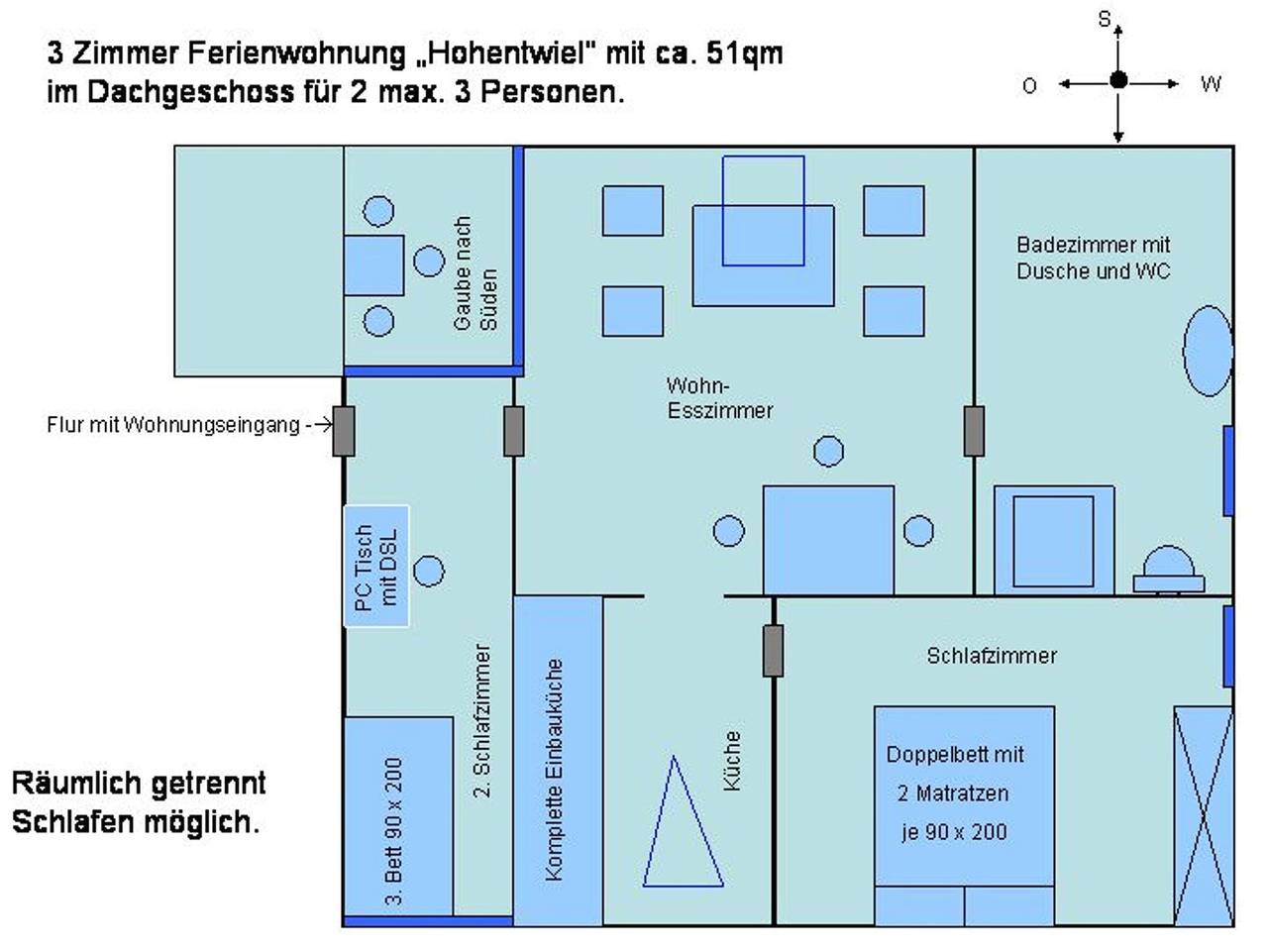 Ganze Ferienwohnung, Gunkel Ferienwohnungen - Ferienwohnung "Hohentwiel", 51qm, 2 Schlafzimmer, max. 3 Personen in Konstanz, Landkreis Konstanz