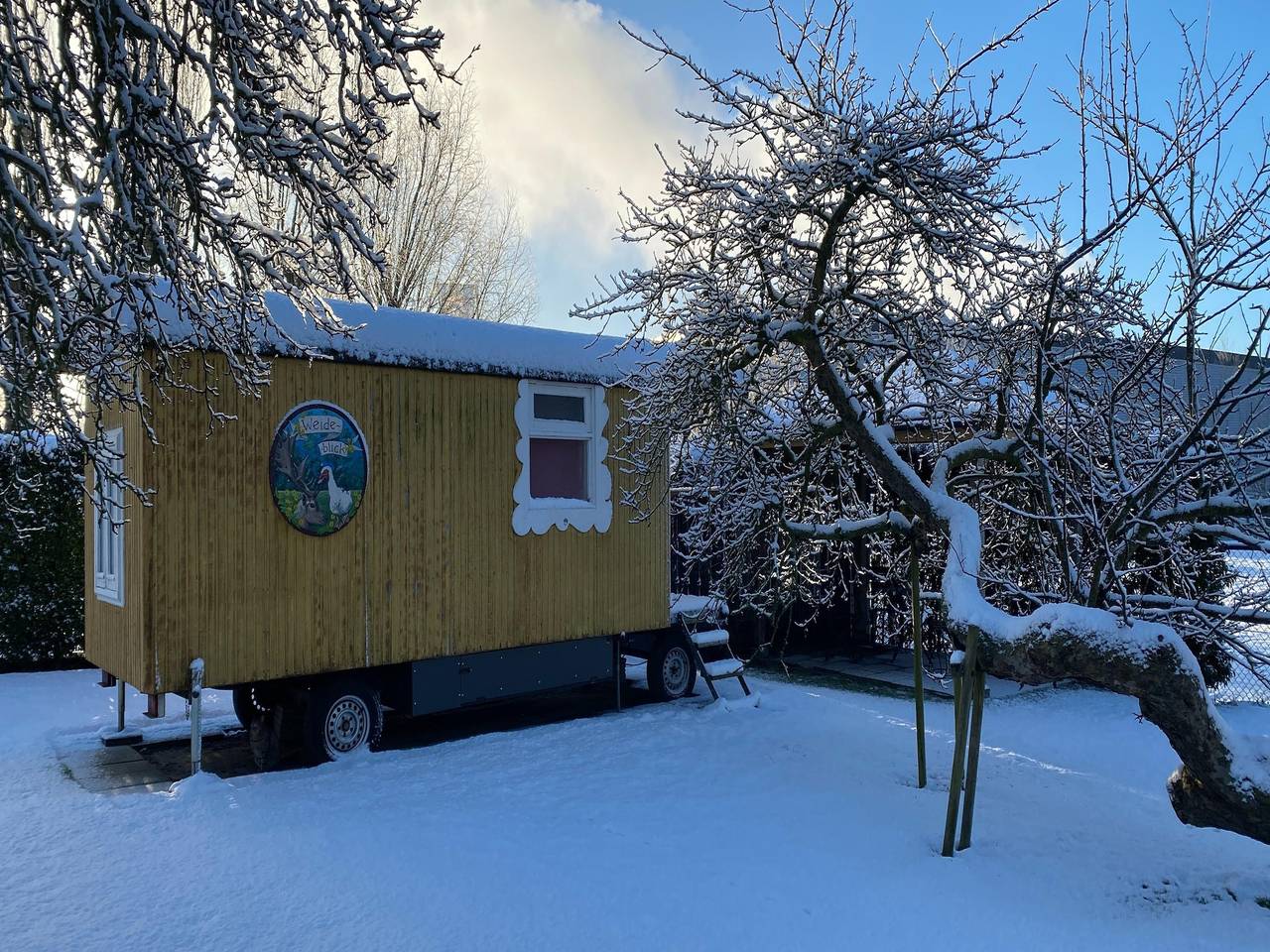 Zigeunerwagen in Weideblick mit Tieren in Bergen op Zoom, Nordbrabant
