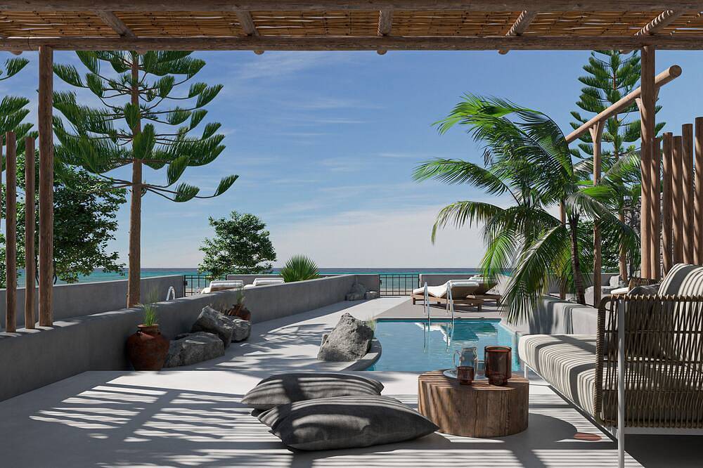 Apocalypsis Suite | walk out Sea View patio  with Private Heated Pool in Perivolos Strand, Perissa
